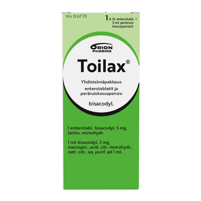 TOILAX YHDISTELMÄPAKKAUS 5 mg + 2 mg/ml enterotabl+peräruiskesusp 4 fol+5 ml bild 10