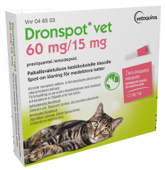DRONSPOT VET 60 mg / 15 mg paikallisvaleluliuos (keskikokoisille kissoille)2x0,7 ml